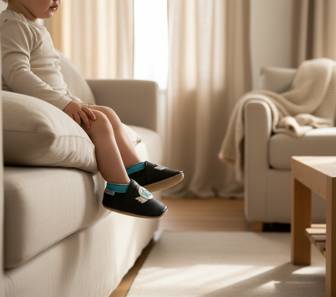 Bébé portant les chaussons Timothe sur un sofa